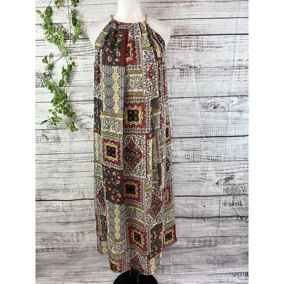Tahari Dress size Small Orange Blue Gold Floral Paisley Boho Sheer Trapeze Boho - Picture 2 of 16